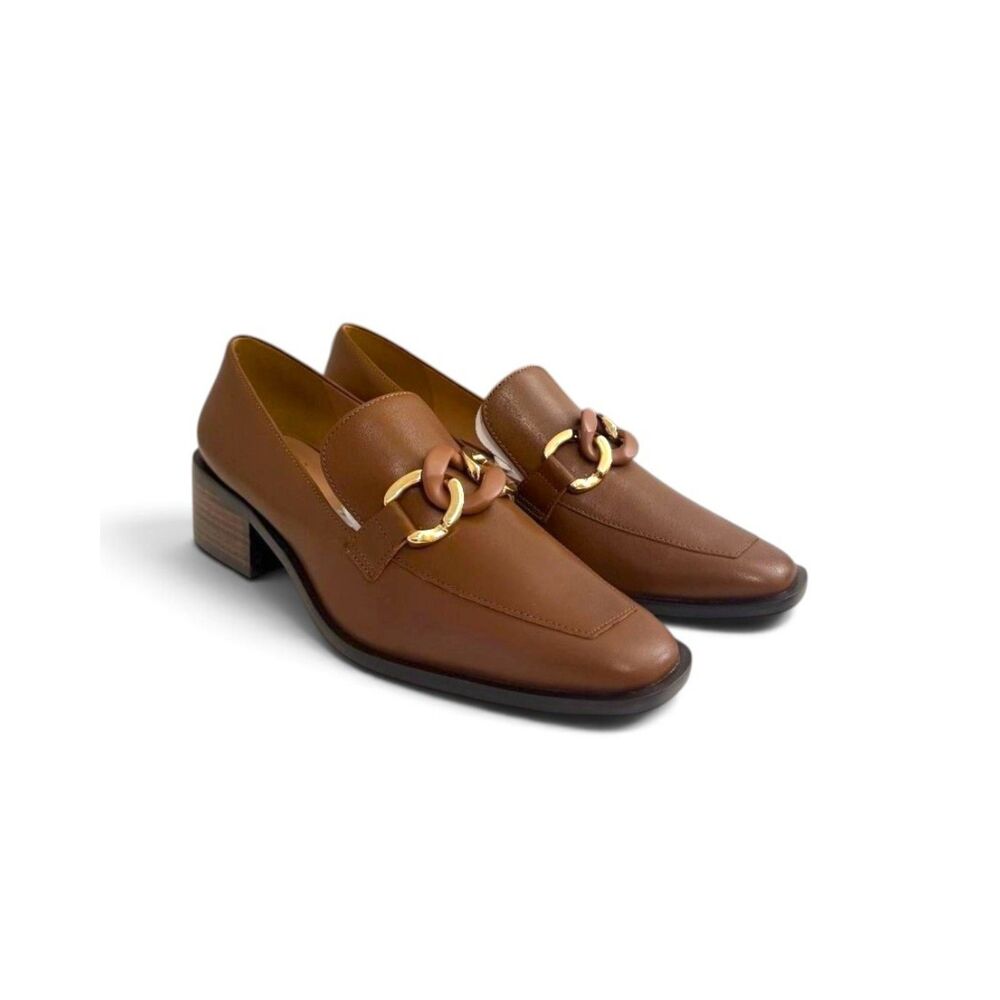 Linea Paolo Chrystie Chain Block Heel Cognac Leather Loafer, NWT! Size 9.5M